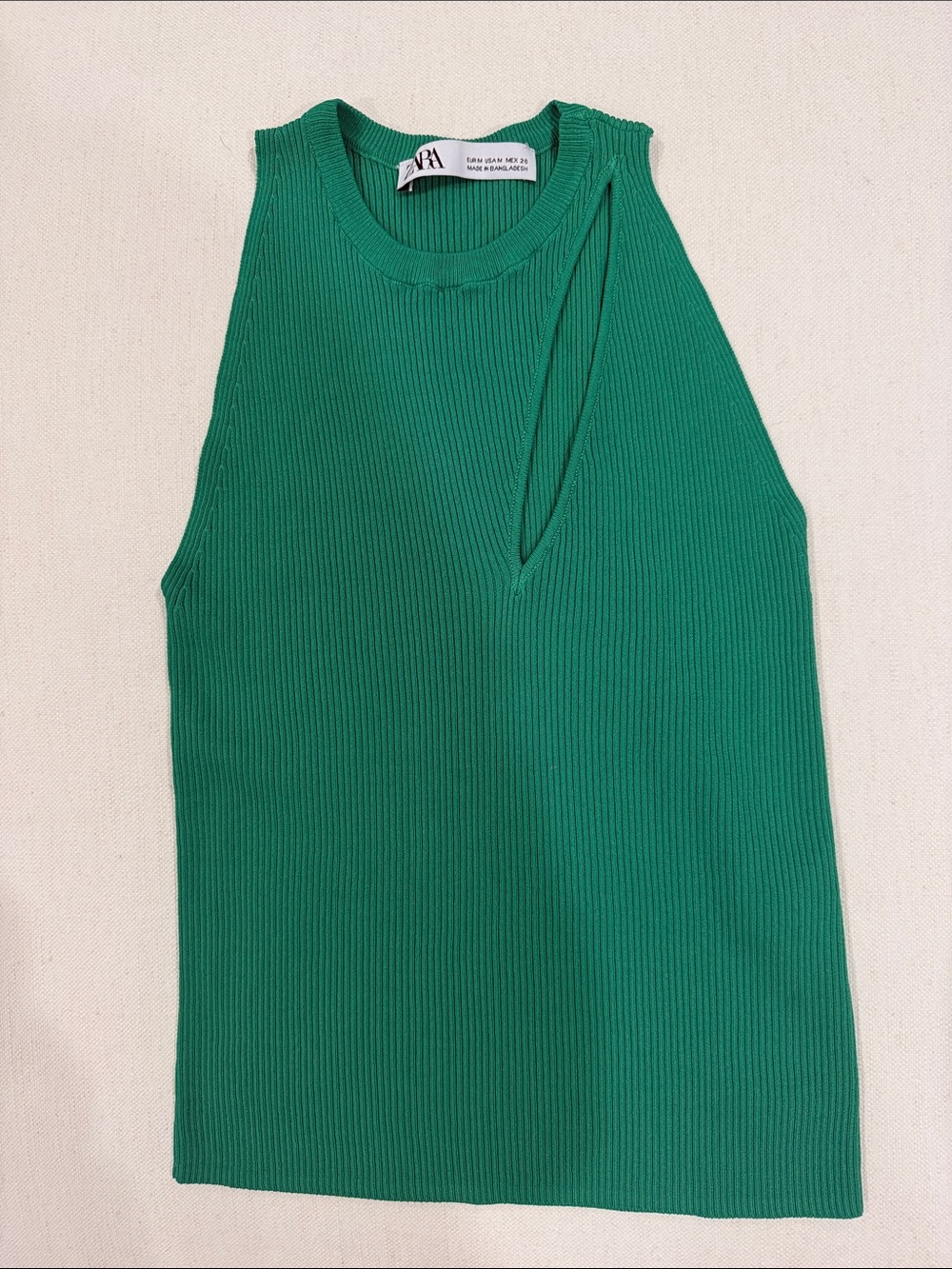 Zara Emerald Green Ribbed Tank with Diagonal Cutout